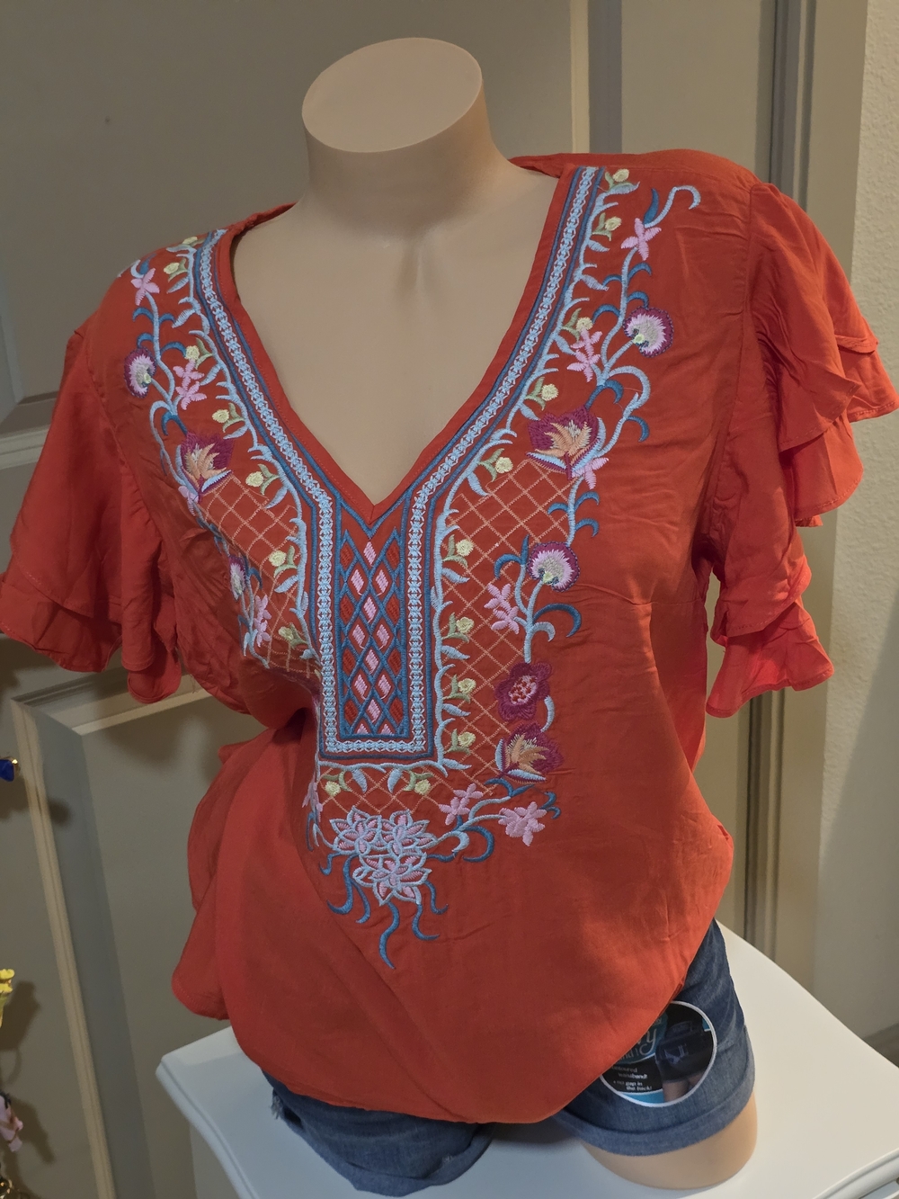 Solitaire Red Embroidered V-Neck Ruffle Sleeve Blouse - Picture 2 of 11